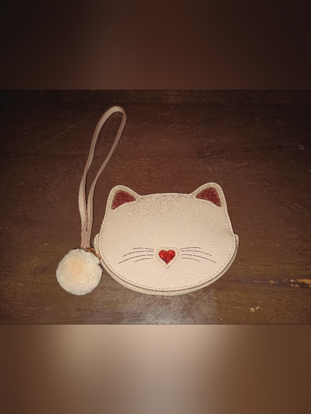 Beige Cat Face Wristlet Coin Purse with Pom Pom